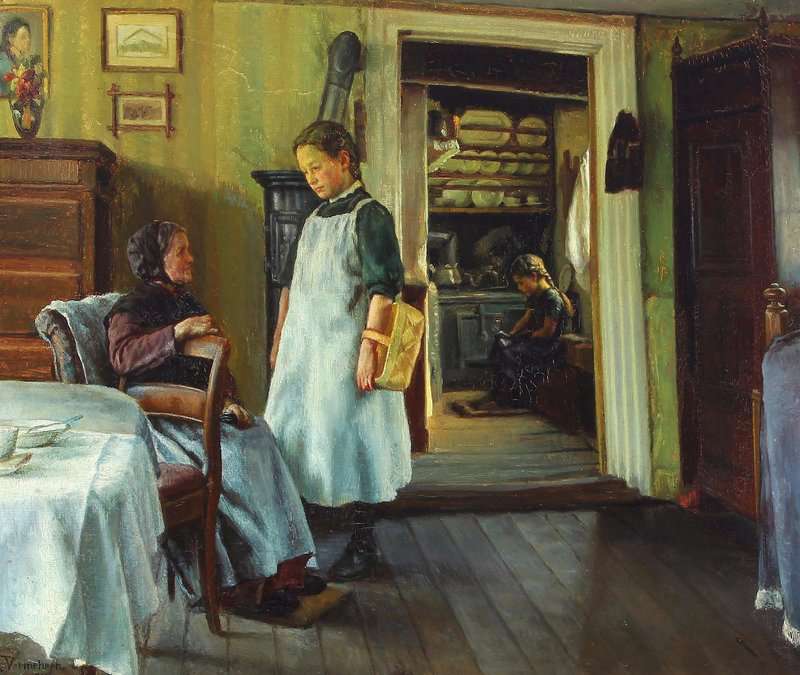 Vermehren Frederik Interior With Old Woman And Two Girls 1914 canvas print