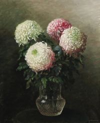 Vermehren Frederik Still Life With Pink And White Chrysanthemum In A Glas Vase canvas print