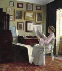 Vermehren Frederik The Collector. Interior With A Thoughtful Young Woman Looking At A Print Depicting The Danish Sculptor Bertel Thorvaldsen 1902