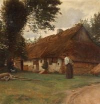 Vermehren Frederik Two Women In Front Of A Thatched Farmhouse canvas print