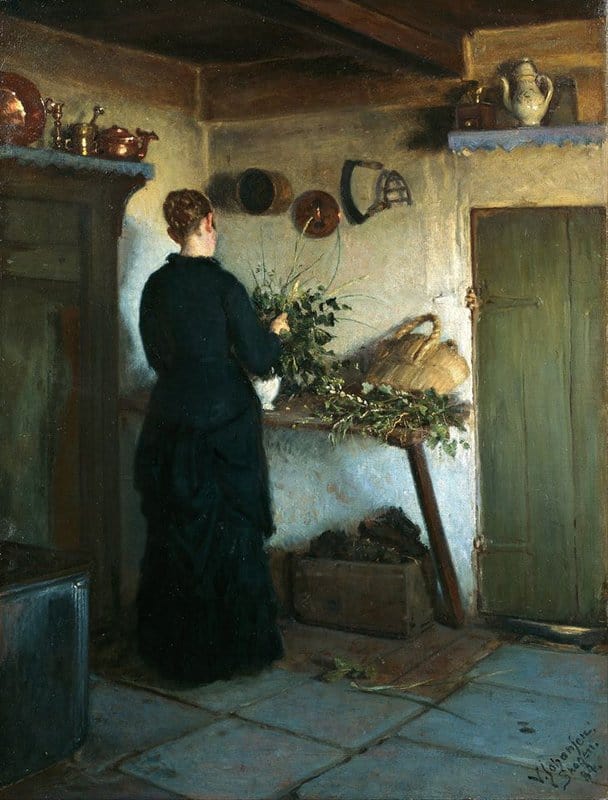 Viggo Johansen Kitchen Interior - The Artist Wife Arranging Flowers - 1884 canvas print
