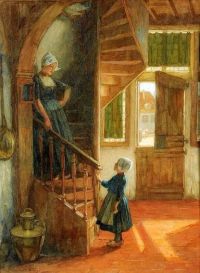 Waay Nicolaas Van Der Mother And Child In Costume With Spiral Staircase canvas print
