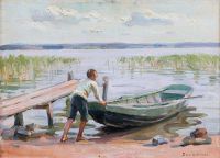 Wahlroos Dora A Boy And A Boat By The Shore Leinwanddruck