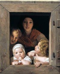 Waldmuller Ferdinand Georg Young Peasant Woman With Three Children At The Window 1840