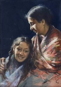 Wallander Alf Porträt einer Frau und eines Mädchens auf Leinwand