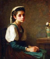 ووترهاوس جون ويليام بورتريه لفتاة جالسة مع مزهرية من قماش الإقحوانات المطبوعة