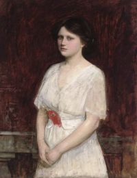Waterhouse John William Portrait of Miss Claire Kenworthy نصف طول في فستان أبيض مطبوع على القماش