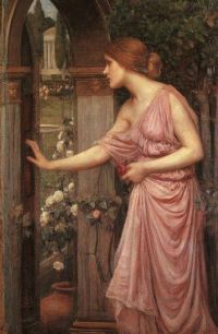 Waterhouse John William Psyche يفتح الباب في لوحة Cupid S Garden 1904