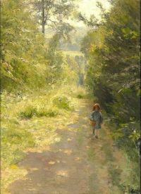 ويجمان بيرثا ، فتاة صغيرة تحمل سلة تمشي في الغابة ، طبعة قماش 1880