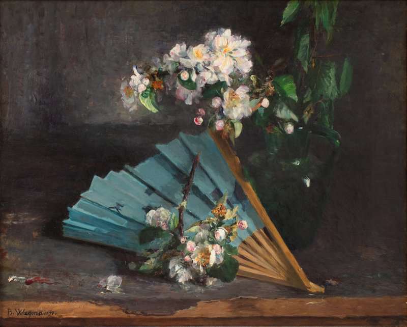 Wegmann Bertha Blue Fan By A Green Jug With Flowering Apple Branch canvas print