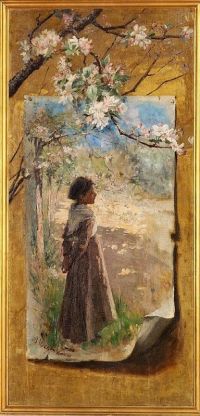 Wegmann Bertha Trompe L Oeil من لوحة على جدار ذهبي مع فتاة صغيرة تحت فرع مزهر لشجرة تفاح مطبوعة على القماش