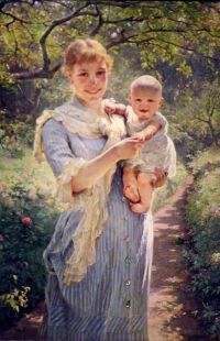 ويجمان بيرثا أم شابة مع طفلها في الحديقة مطبوعة على قماش الكانفاس