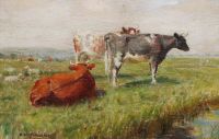 Wheelwright Rowland Cows And Sheep In A Water Meadow
