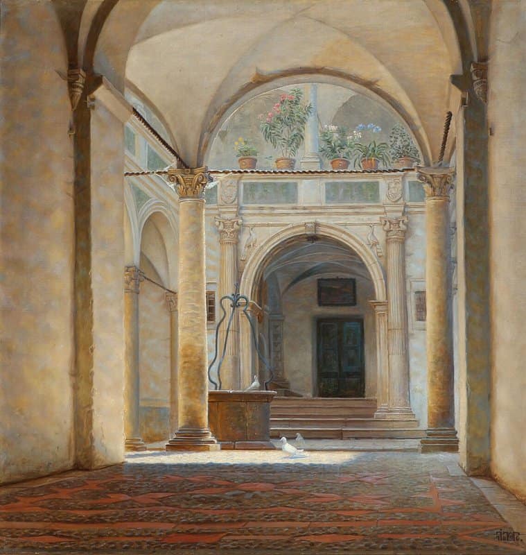 Wilhjelm Johannes Interior From An Italian Cloister Garden With Pigeons Near A Well 1896 canvas print