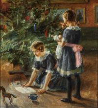 Wilhjelm Johannes Interior With Two Little Girls Christmas Eve canvas print