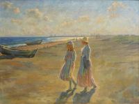 Wilhjelm Johannes Mother And Daughter Walking On A Beach With Rowing Boats Village In The Distance 1917 canvas print