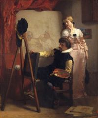 Willems Florent Een Schilder Voor Zijn Ezel Toont Een Schilderij Aan Een Meisje 1852 canvas print