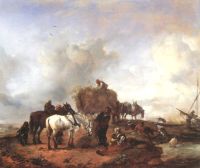 Wouwermann Philips Ein Bauer, der Futter gibt, um Pferde mit Badenden in einem Strom zu kardieren