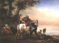 Wouwermann Philips Huntsman مع فتى يسرج حصانه وأسرة من الفلاحين