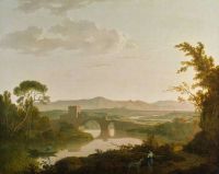 Wright Of Derby Joseph An Italian River Landscape With A Bridge And Tower At Sunset With Figures In The Foreground 1785 canvas print