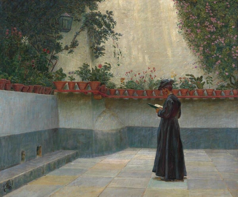 Zahrtmann Kristian A Priest Reading. A Young Man Walking In The Square Of The Cathedral Of Amalfi. He Is Reading A Book. Potted Plants Are Placed On The Low Stone Wall Surrounding The Square canvas print