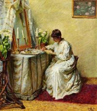 Zahrtmann Kristian امرأة شابة في ثوب أبيض تقرأ على طاولة التزيين عام 1891 مطبوعة على القماش