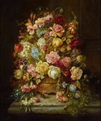 Zatzka Hans A Still Life With Flowers In A Jardiniere Resting On A Ledge