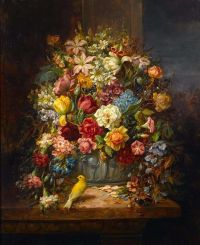Zatzka Hans A Still Life With Flowers With A Budgerigar And A Butterfly On A Ledge canvas print