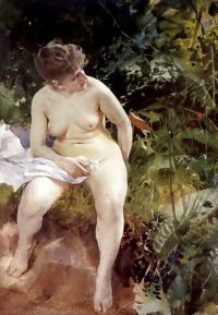 زورن أندرس امرأة عارية تجلس على لوحة قماشية على ضفة النهر