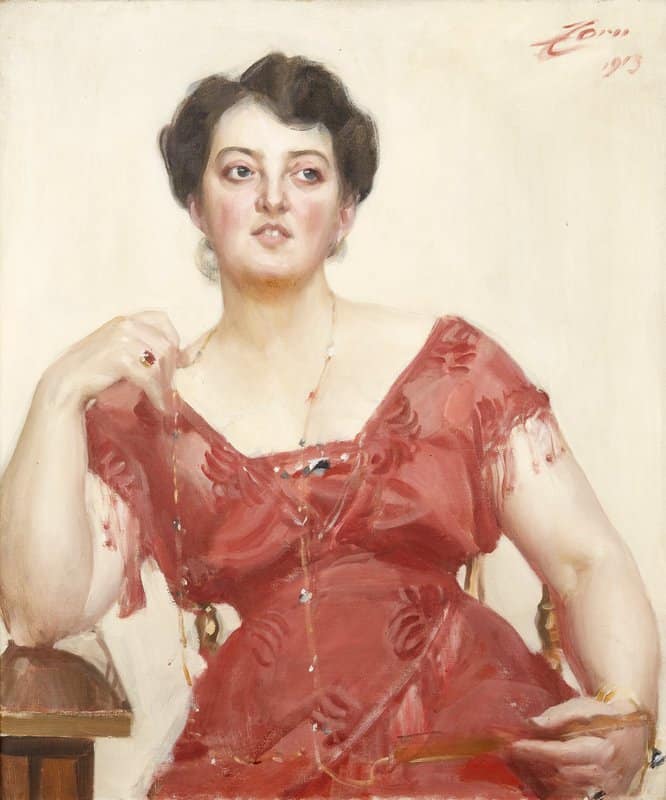 Zorn Anders Elegant Lady In Shiny Cream Red Silk Dress   Mrs. Dagny Pineus canvas print
