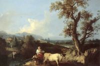Zuccarelli Francesco Italianate Landschaft mit Bauern, die eine Kuh treiben
