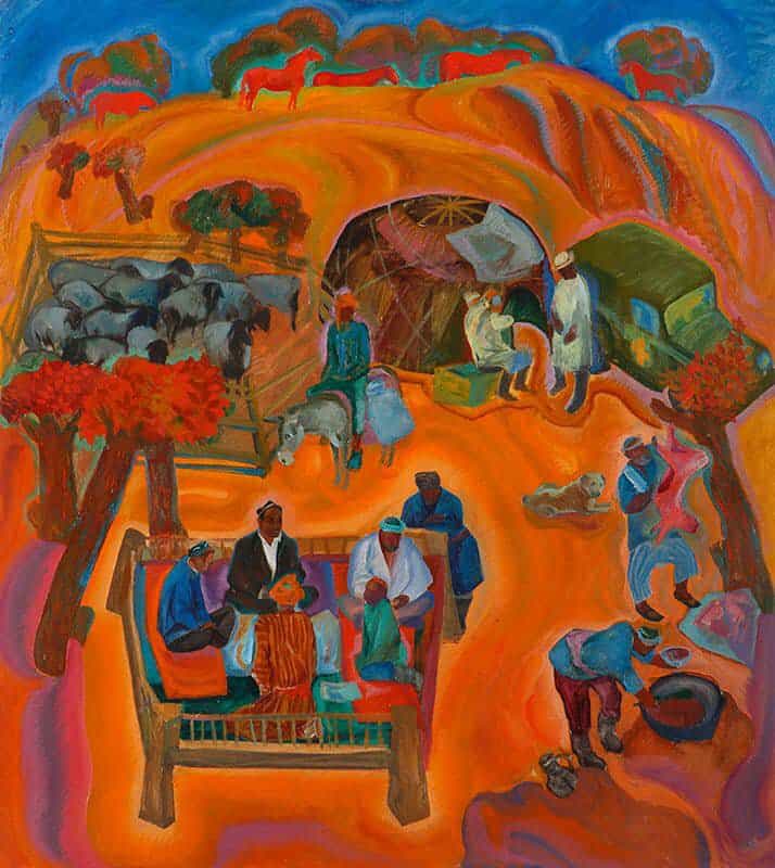 Tableaux sur toile, reproduction de Zuhur Habibullayev Autumn - Shepherds At Kabodiyon Village