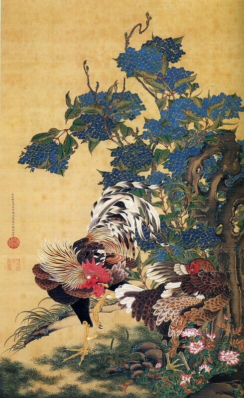Ito Jakuchu - Rooster and Hen with Hydrangeas Wall Art premium reproduction