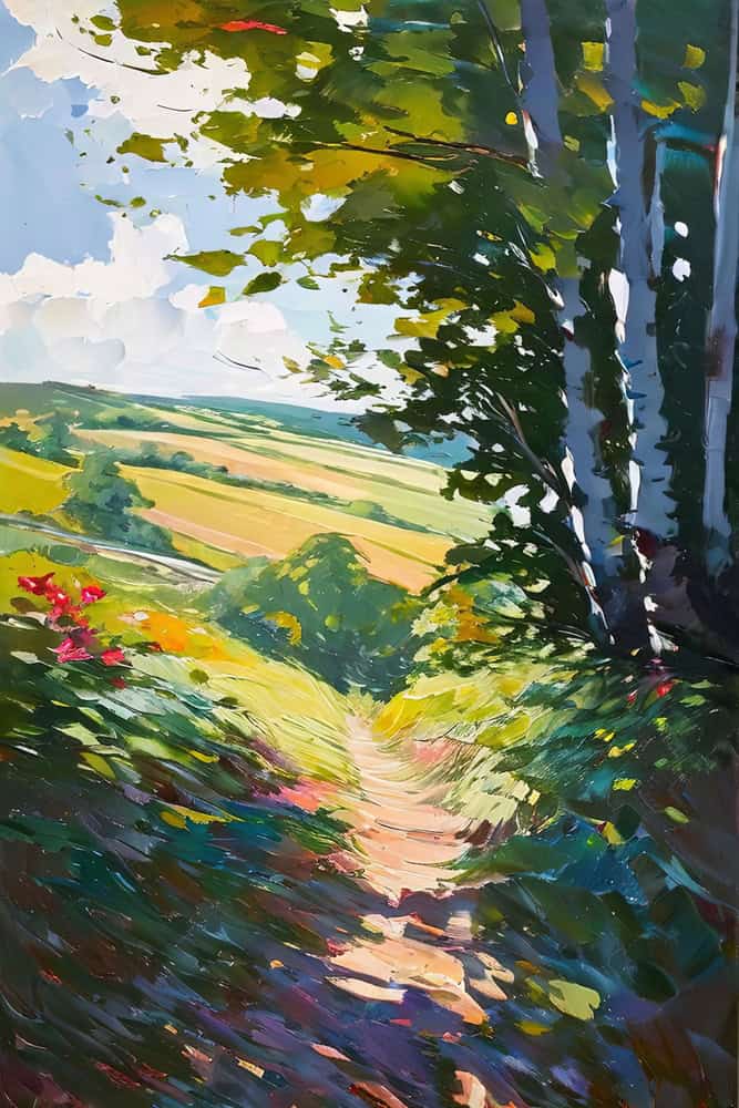 Sunlit Pathway in Verdant Landscape premium reproduction