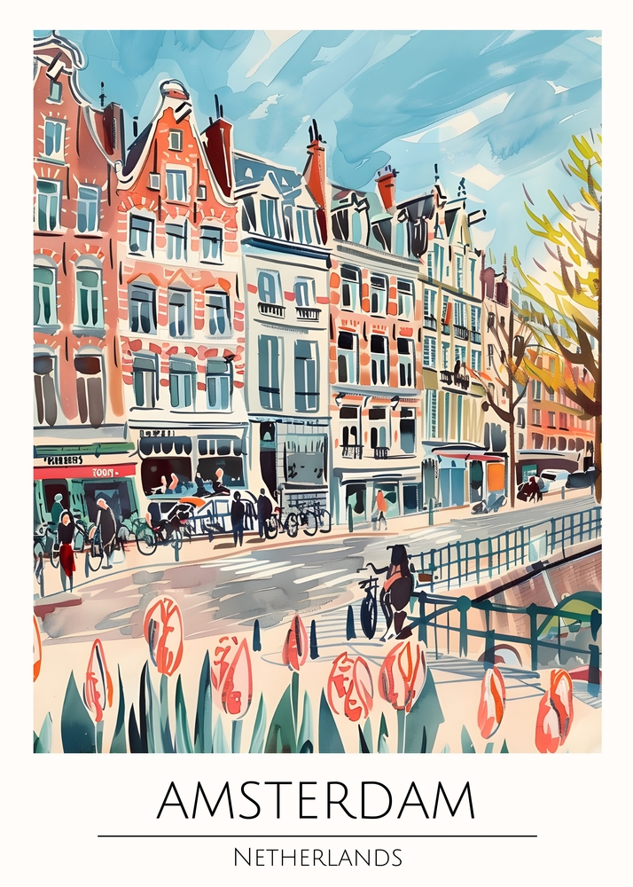 Amsterdam's Springtime Canal Scene - Art Print premium reproduction