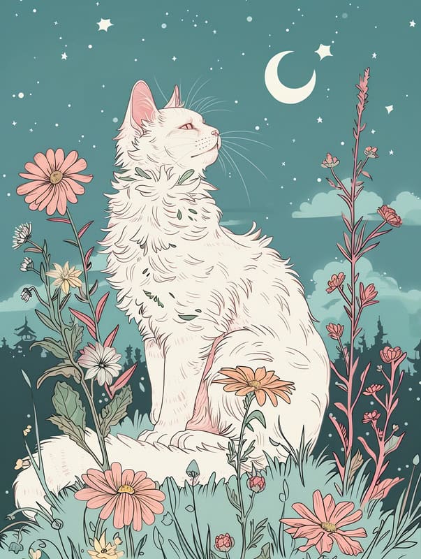 Moonlit Reverie: Feline Serenade in Bloom premium reproduction