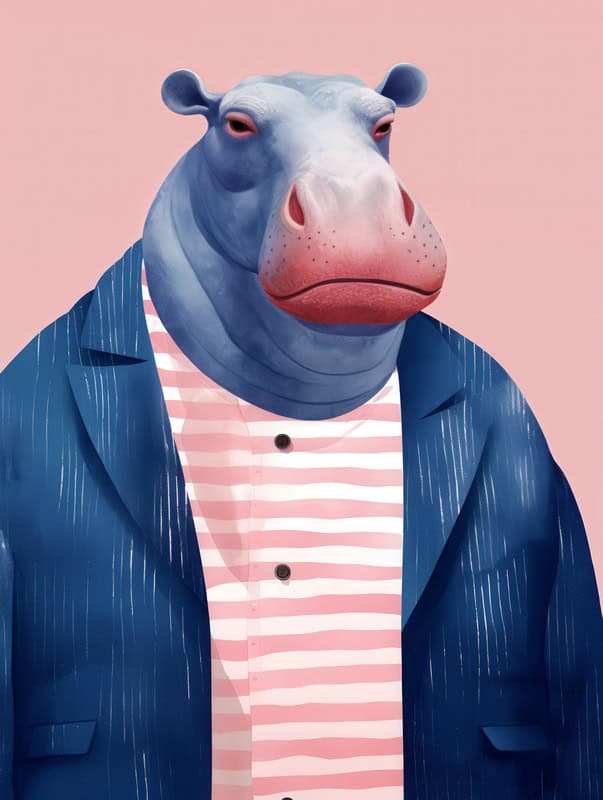 Majestic Hippo Elegance - Anthropomorphic Portrait premium reproduction