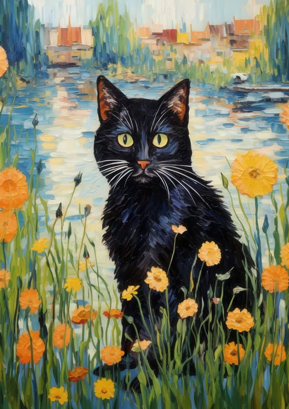 Serenade of the Midnight Feline in Bloom premium reproduction
