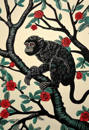 Enigmatic Primate Amidst Floral Symphony wall art
