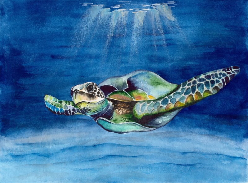 Majestic Sea Turtle in Blue Serenity premium reproduction