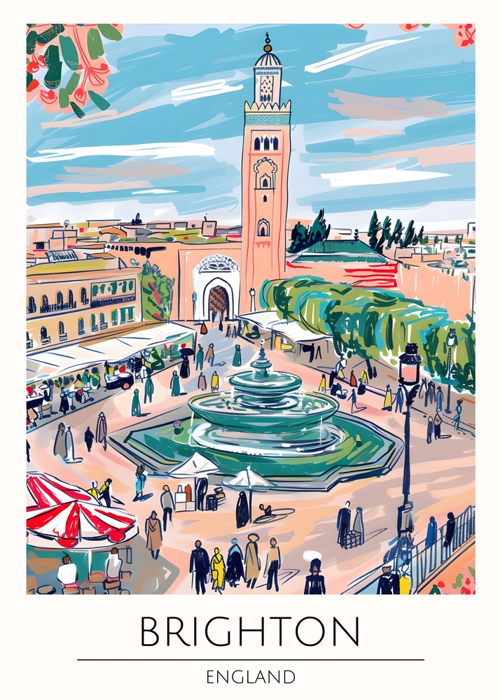 Vibrant Plaza in Brighton - Illustrated Scenic View premium reproduction
