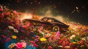 Ethereal Journey: Classic Car in Bloom wall art