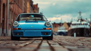 Classic Elegance: Blue Porsche on Cobblestone wall art