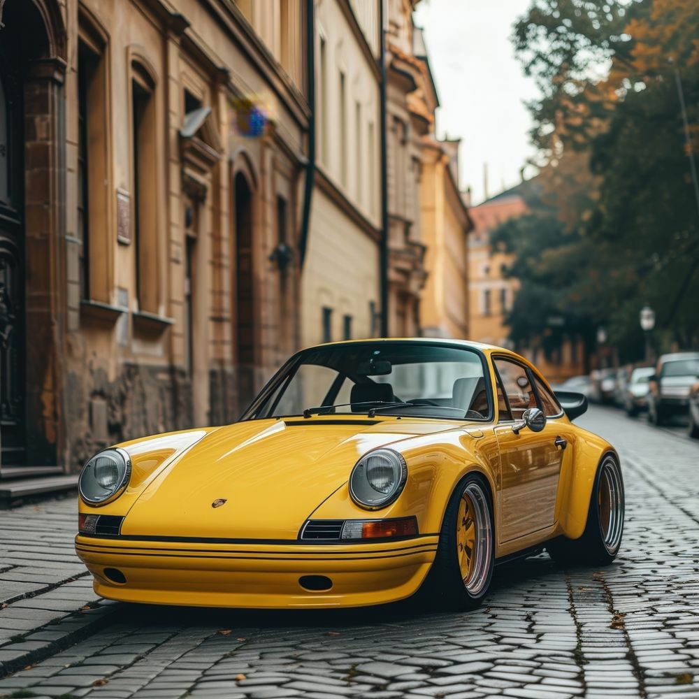 Vintage Elegance: Classic Porsche on Cobblestone Streets premium reproduction