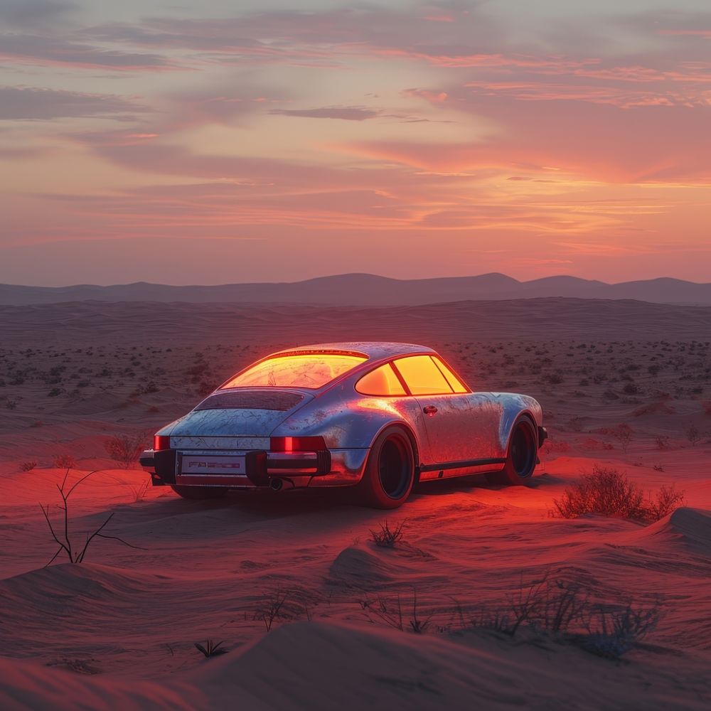 Desert Symphony: A Car's Embrace of Twilight premium reproduction