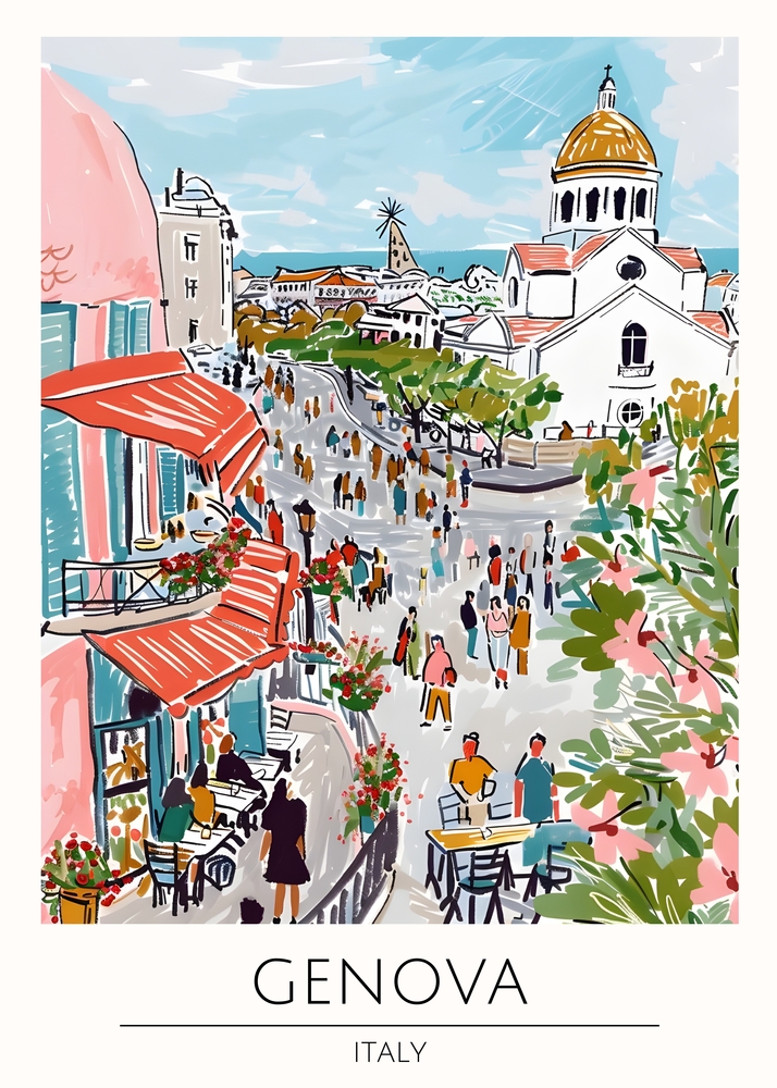 Vibrant Stroll Through Genova's Streets premium reproduction