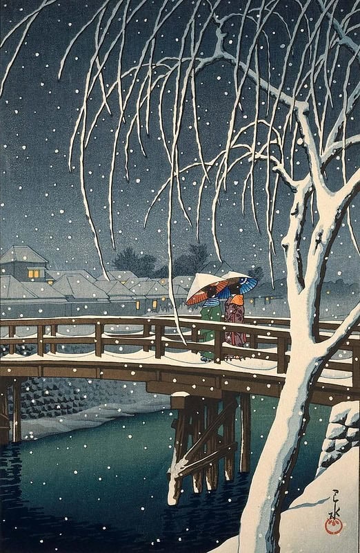 Hasui Kawase - Evening Snow at Edogawa Wall Art 1932 premium reproduction