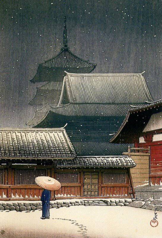 Hasui Kawase - Tennoji Temple in Snow, Osaka 1927 Wall Art premium reproduction