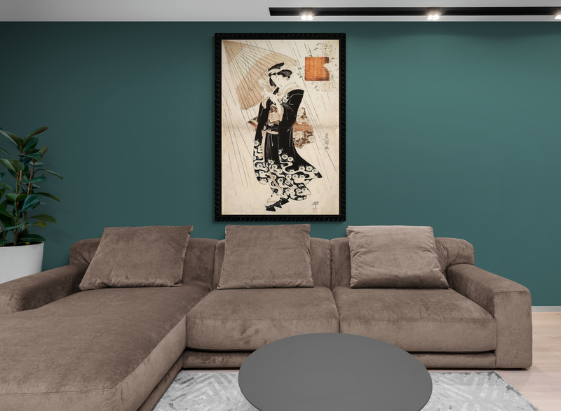 Oversized Utagawa Toyokuni: Maiko Komachi in a Rainstorm styled in a Neutral / Multi-color palette. Premium Japanese Wood Blocks canvas wall art installation by Poppins Shop.