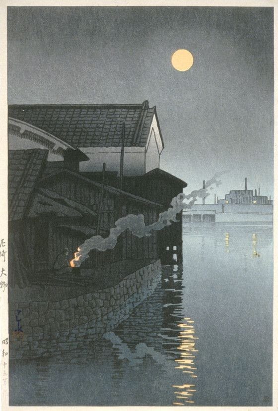 Kawase Hasui's Moonlit Harbor: Daimotsu Amagasaki, 1940 premium reproduction